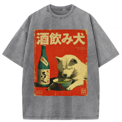 Tokyoviva Retro Drinking Dog Washed T-shirt