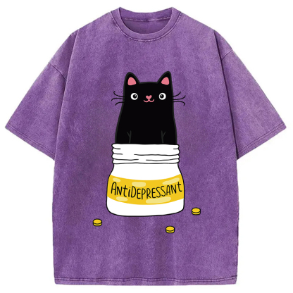 Cute Cat Antidepressant Funny Meme Washed T-Shirt