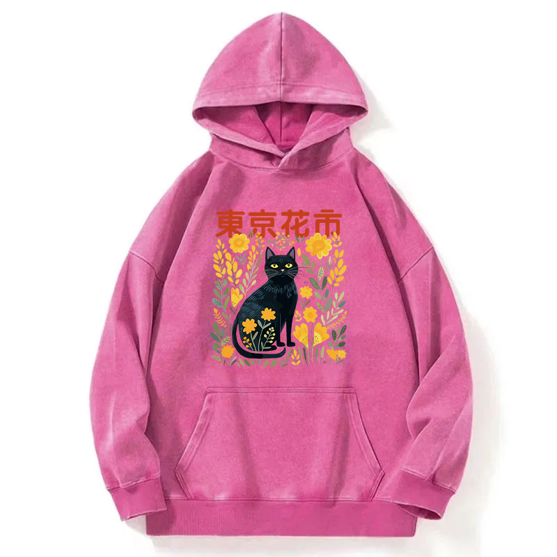 Black Cat In Flower Garden Washed Hoodie