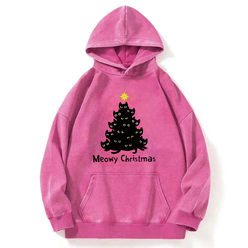 Black Cat Christmas Tree Washed Hoodie