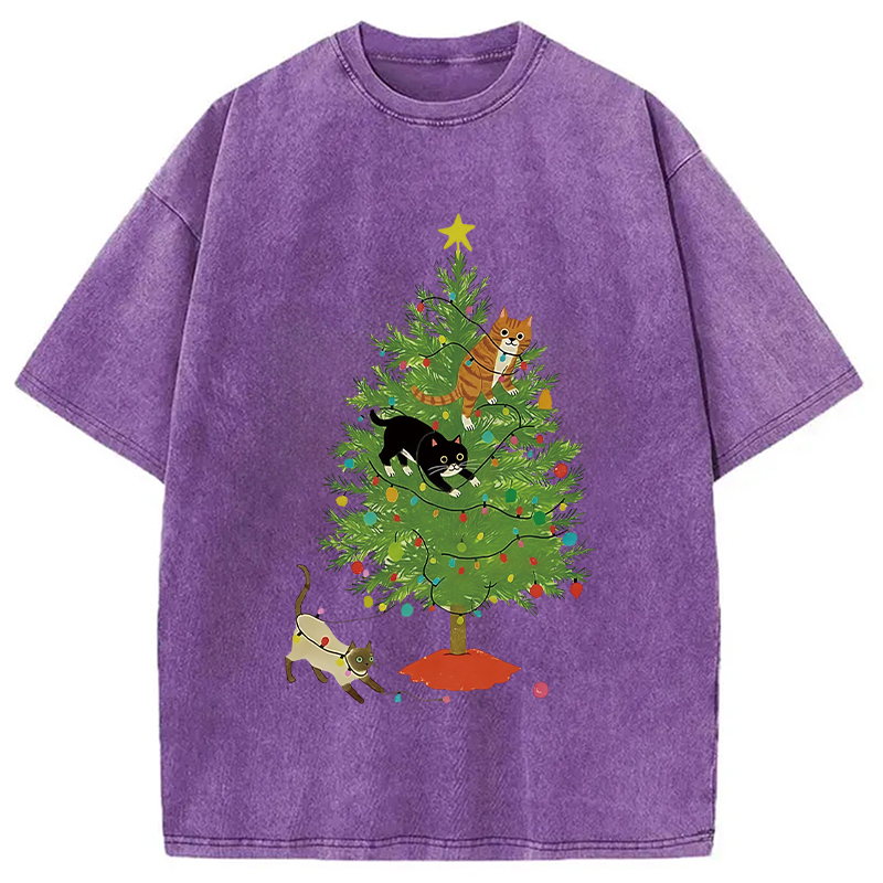 Cats Playing On The Christmas Tree Washed T-Shirt