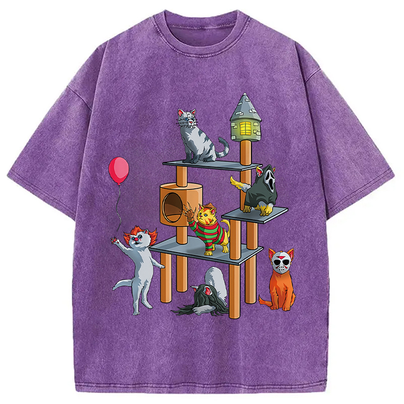 Funny Cat Horror Movies Cute Halloween Washed T-Shirt