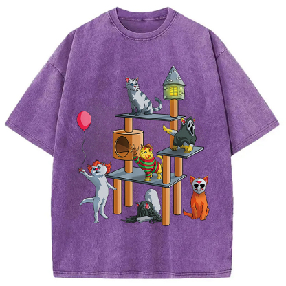 Funny Cat Horror Movies Cute Halloween Washed T-Shirt