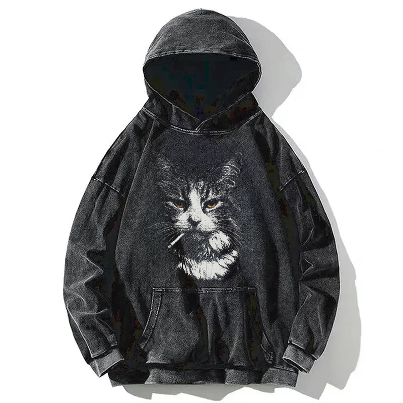 Cool Cat Smoking Washed Hoodie