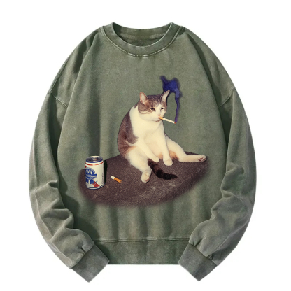 Custom Cat Smoking Meme Washed Sweatshirt