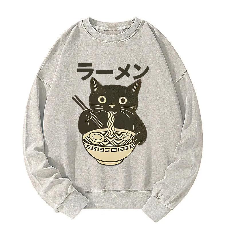 Simple Black Cat Eating Ramen Washed Sweatshirt