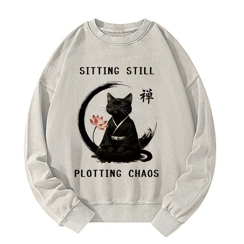 Sitting Calming Zen Cat Washed Sweatshirt