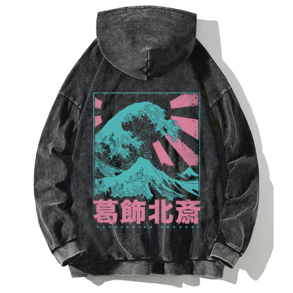 Japanese Great Wave Off Kanagawa Back Washed Hoodie