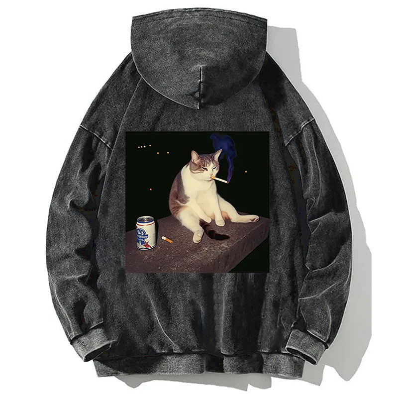 Cigarette Kitten Funny Smoking Cat Meme Back Washed Hoodie