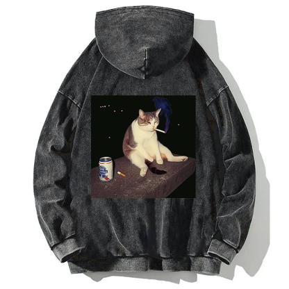 Cigarette Kitten Funny Smoking Cat Meme Back Washed Hoodie