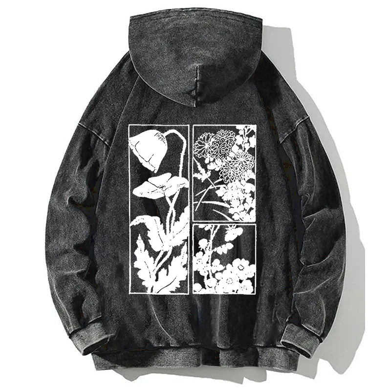 Woodcut Flowers Back Washed Hoodie