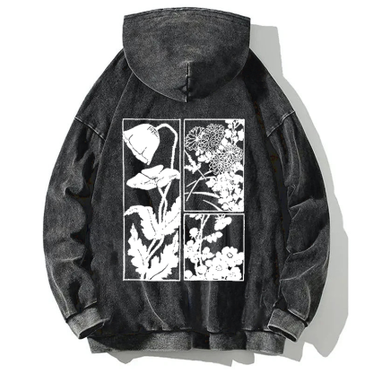 Woodcut Flowers Back Washed Hoodie