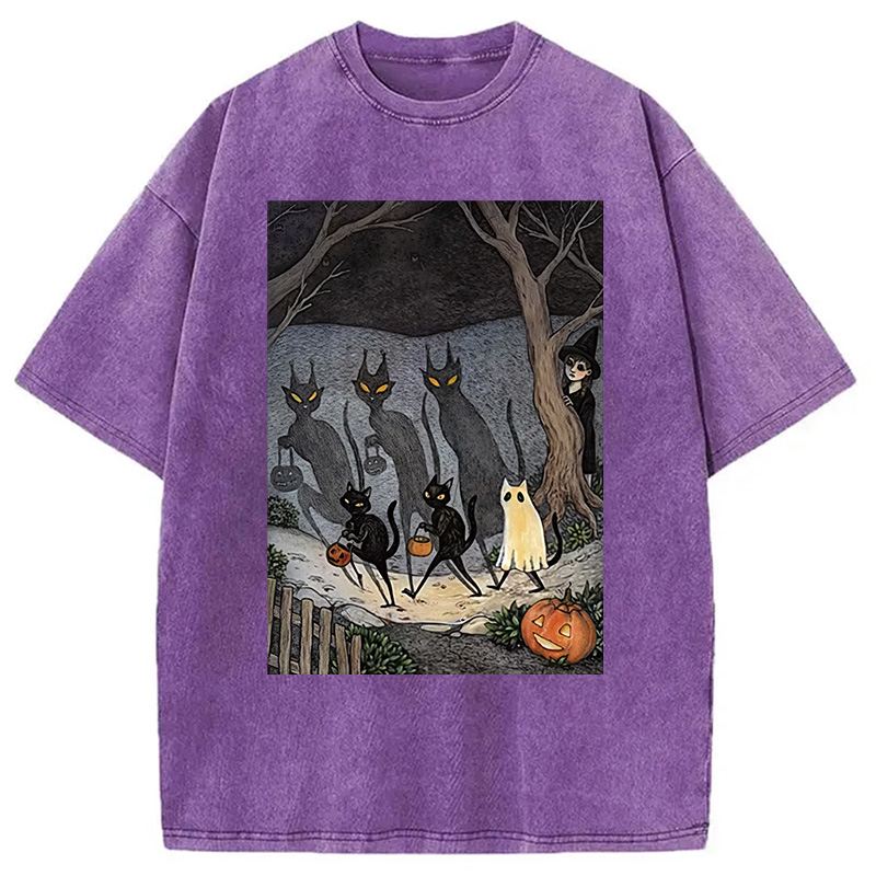 Black Cat Ghost Halloween Washed T-Shirt