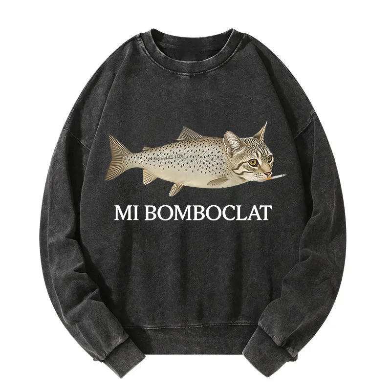 Bomboclat Fish Cat Meme Washed Sweatshirt