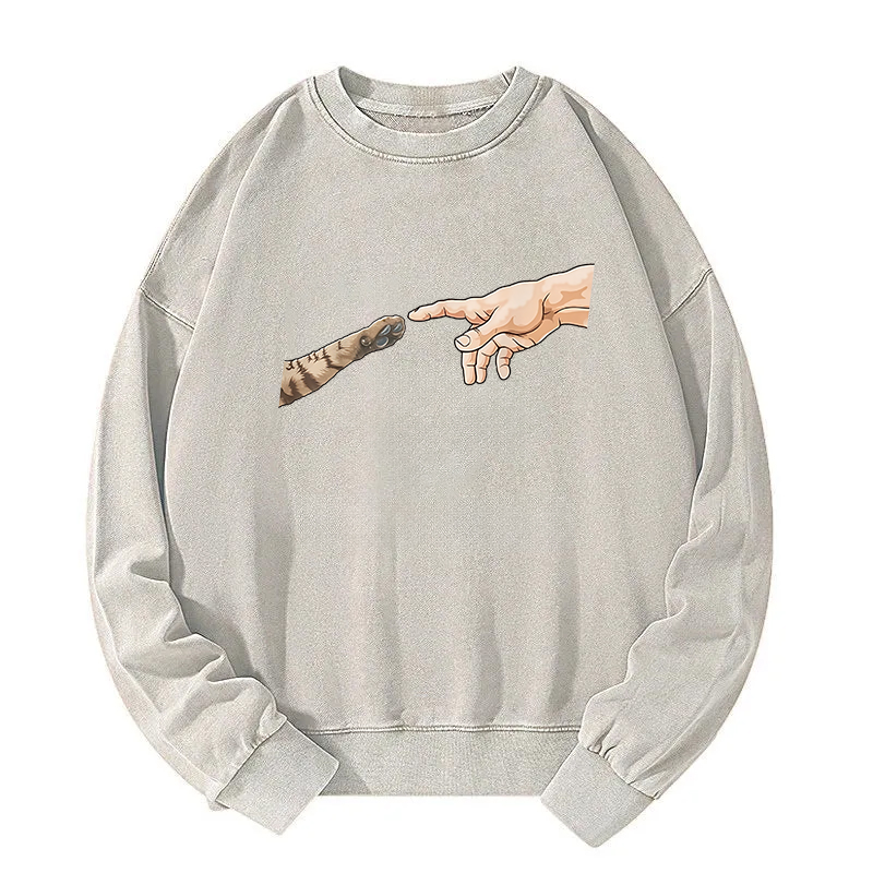 Cat God Creation Of Adam Meme Washed Sweatshirt