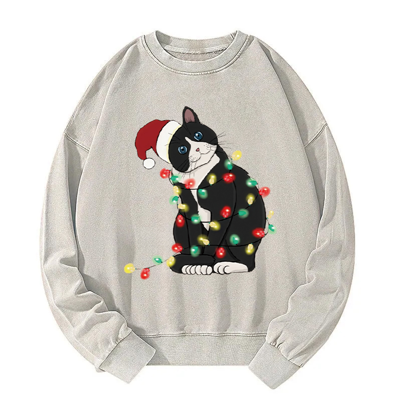 Funny Christmas Lights Cat Washed Sweatshirt