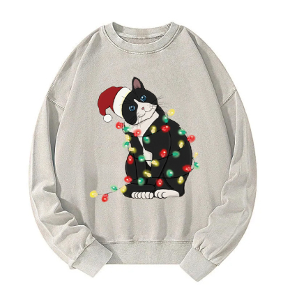Funny Christmas Lights Cat Washed Sweatshirt