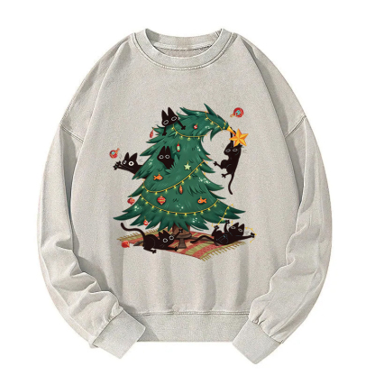 Christmas Tree And Cat Washed Sweatshirt