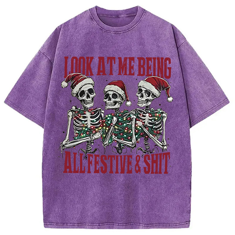 Funny Christmas Skull Washed T-Shirt