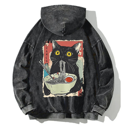 Cute Cat Eating Ramen Back Washed Hoodie