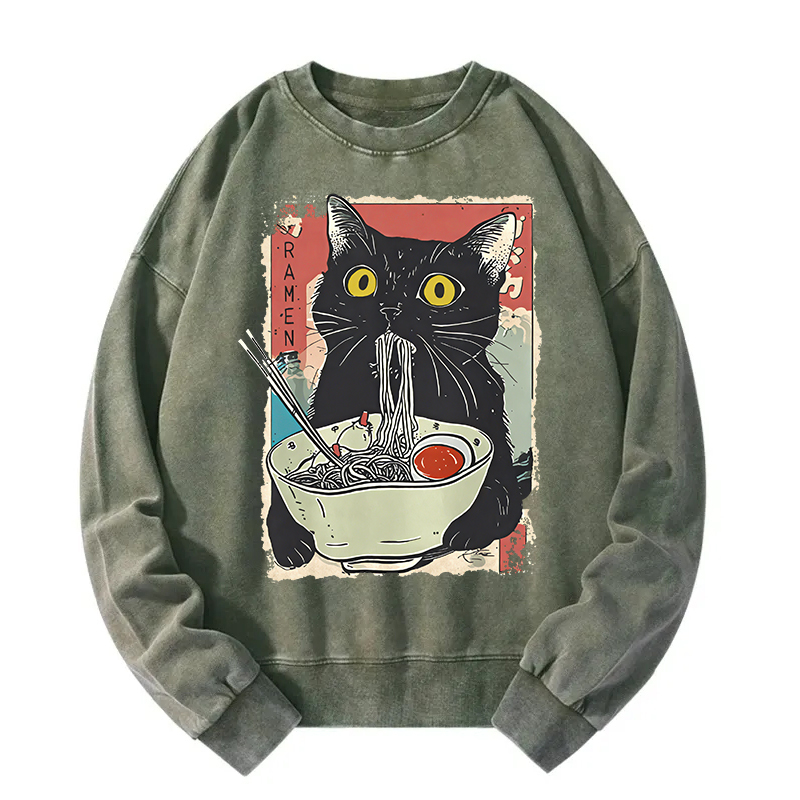Cute Cat Eating Ramen Washed Sweatshirt