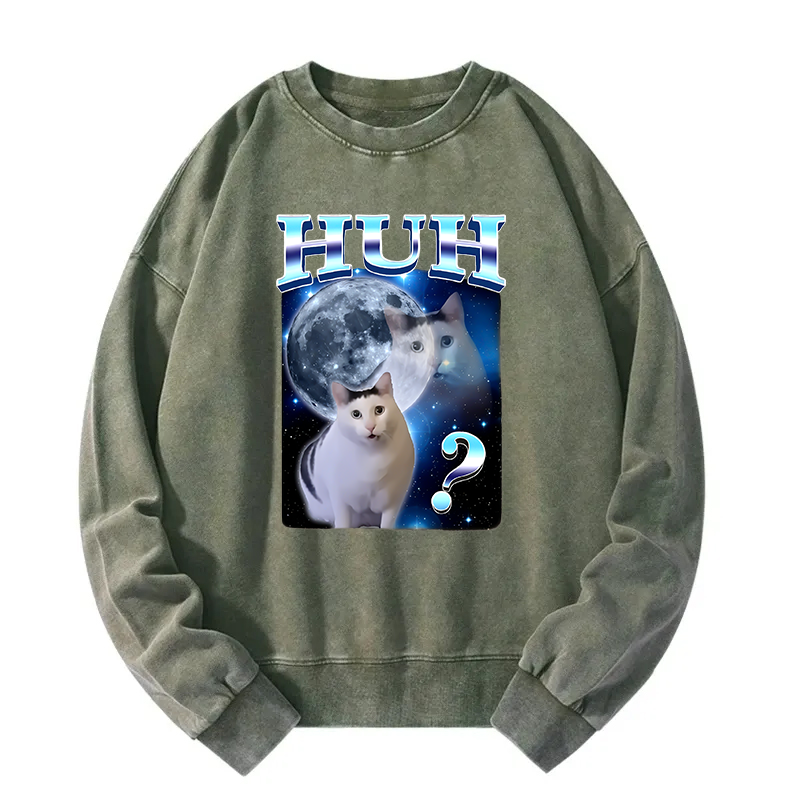 Huh Cat Funny Dank Meme Moon Washed Sweatshirt