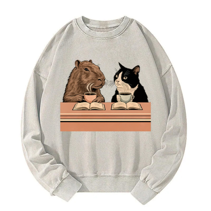 Capybara And Cat Talk Washed Sweatshirt