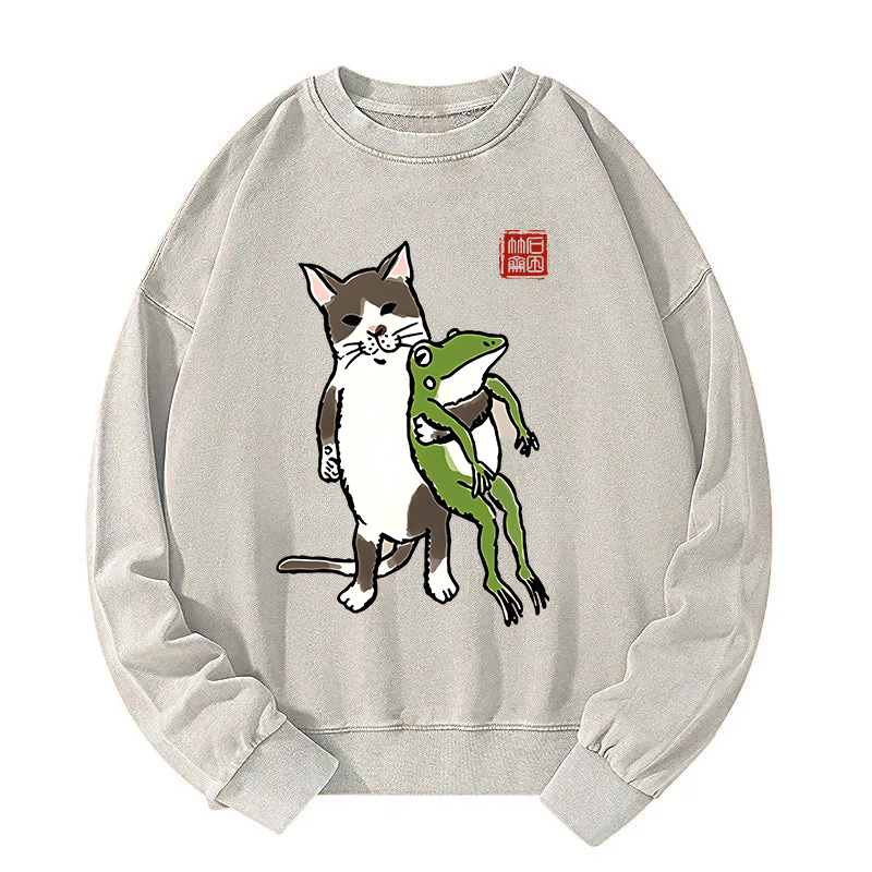 Cat Holding A Frog Washed Sweatshirt