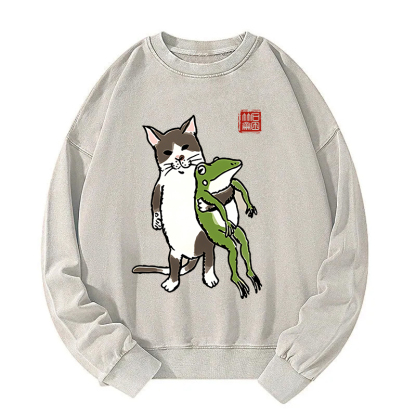 Cat Holding A Frog Washed Sweatshirt