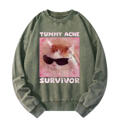Tummy Ache Survivor Funny Cat Meme Washed Sweatshirt