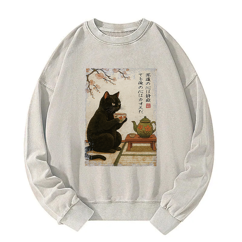 Tea Time With A Black Cat Washed Sweatshirt