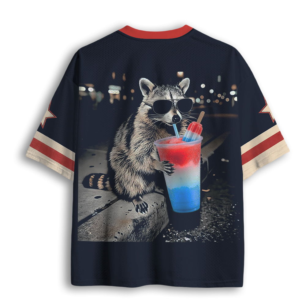 Baddiecat 4th Of July Raccoon Drinking Patriotic Slushie Mesh Jersey