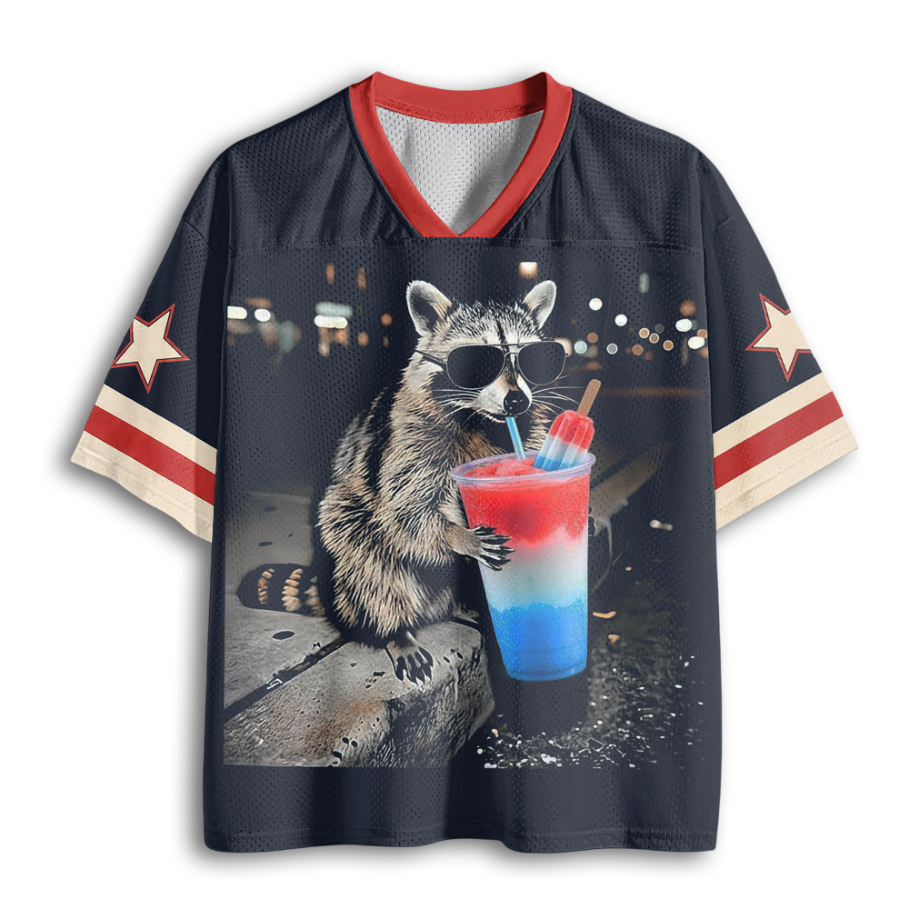 Baddiecat 4th Of July Raccoon Drinking Patriotic Slushie Mesh Jersey