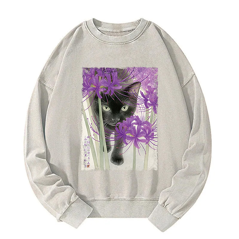 A Cat Among The Purple Spider Lily Washed Sweatshirt