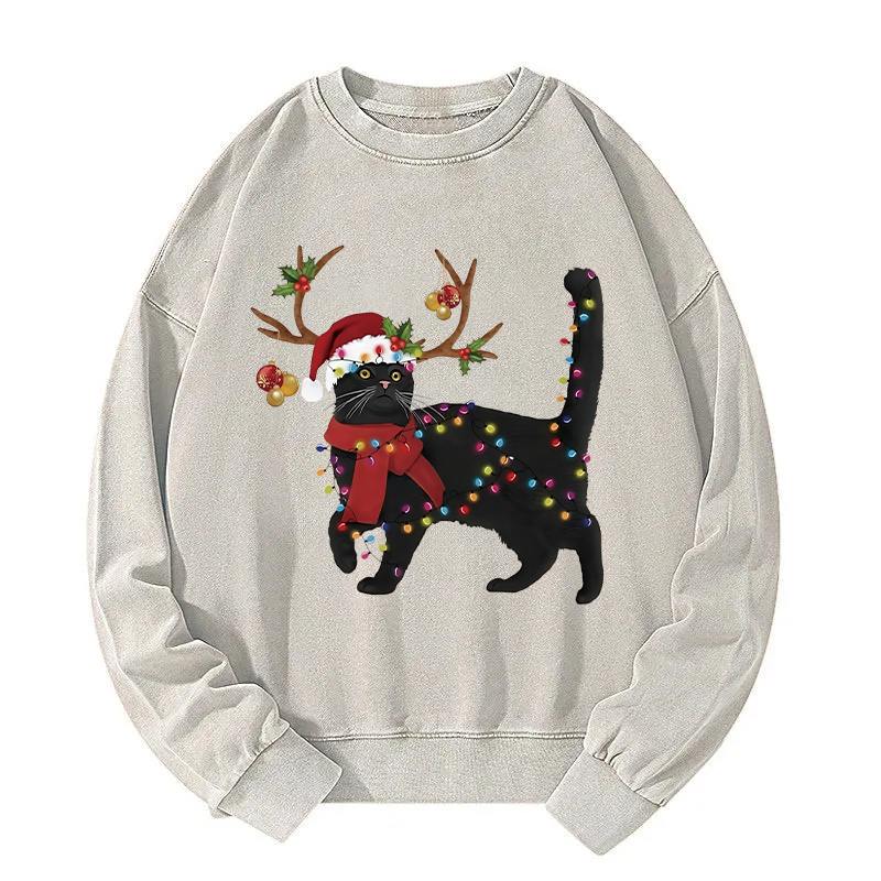 Christmas Elk Cat Washed Sweatshirt