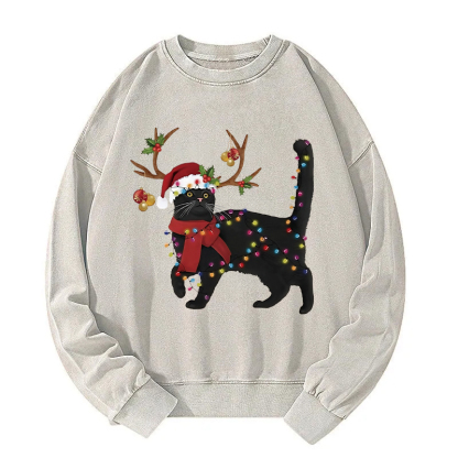 Christmas Elk Cat Washed Sweatshirt
