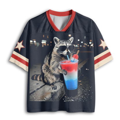 Baddiecat 4th Of July Raccoon Drinking Patriotic Slushie Mesh Jersey