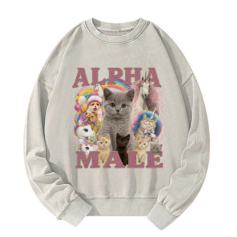 Alpha Male Funny Cat Meme Washed Sweatshirt