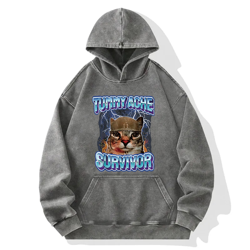 Tummy Ache Survivor Cat Meme Washed Hoodie