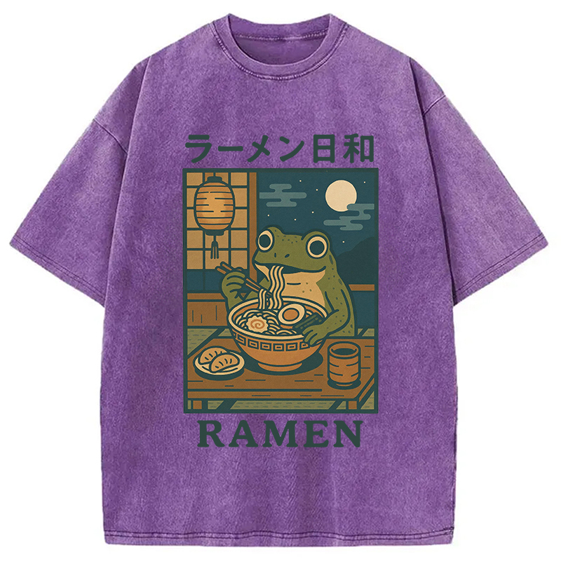 Japanese Frog Eating Ramen Washed T-Shirt