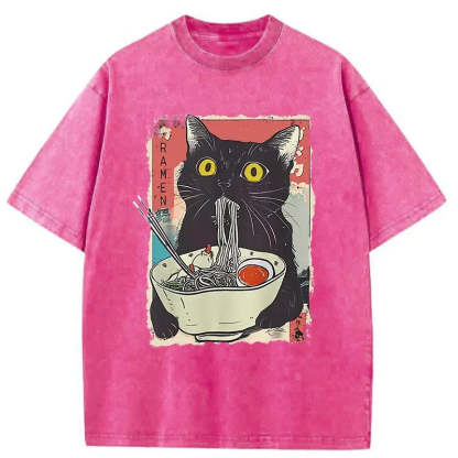 Cute Cat Eating Ramen Washed T-Shirt
