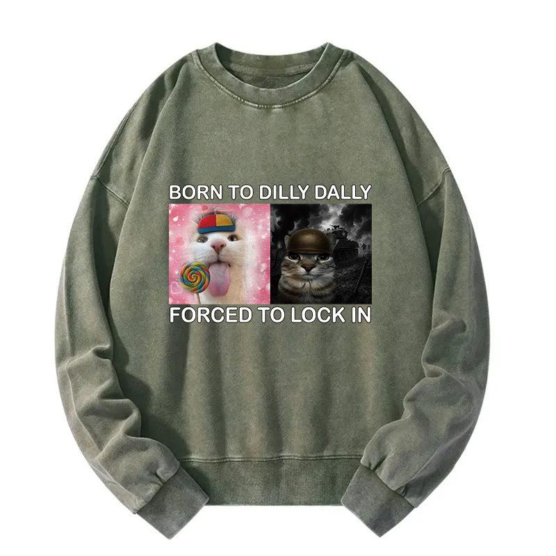 Born to Dilly Dally Funny Cat Meme Washed Sweatshirt