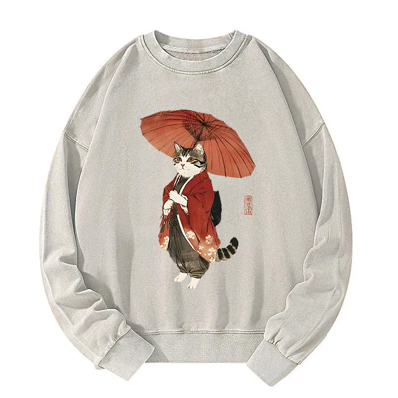 Elegant Cat Holding Umbrella Washed Sweatshirt