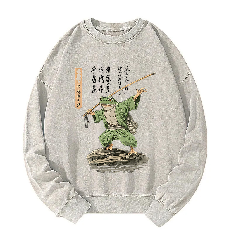 Frog Samurai Japanese Art Vintage Washed Sweatshirt