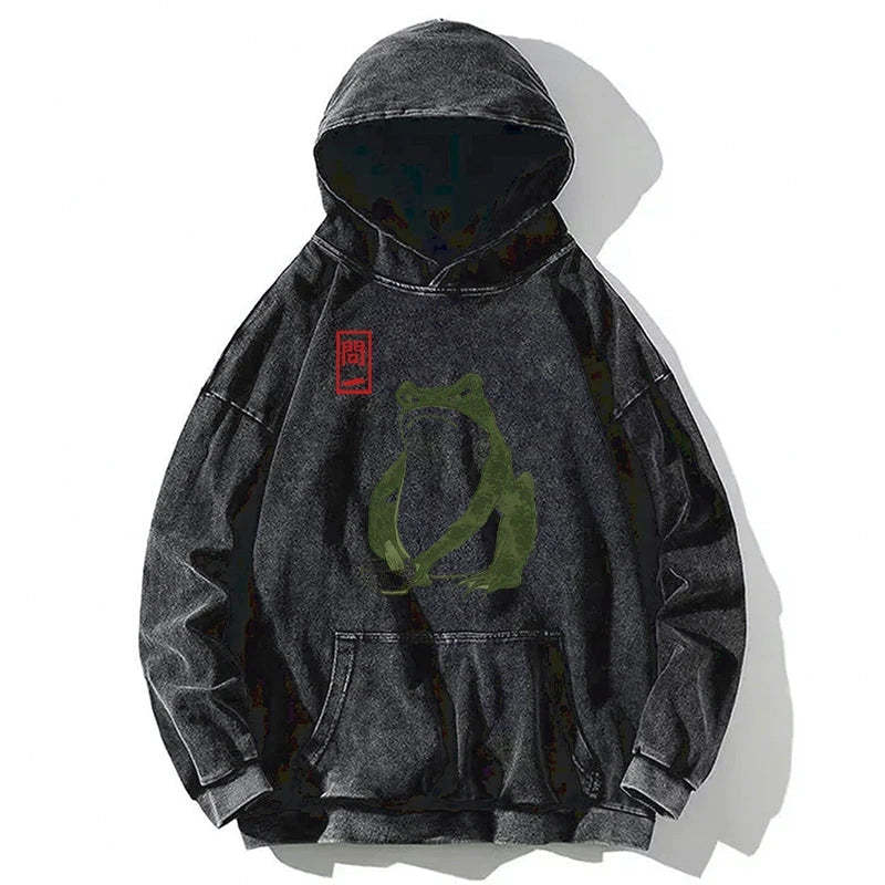 Woodblock Print Frog Washed Hoodie