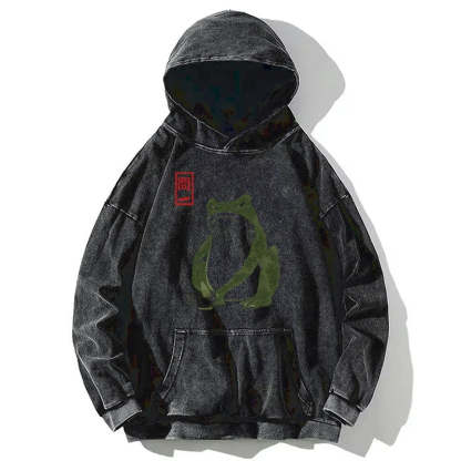 Woodblock Print Frog Washed Hoodie