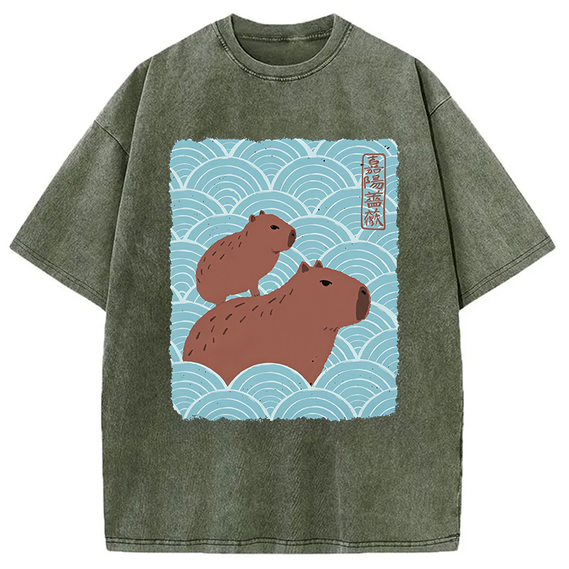 Kawaii Capybara Ukiyo-e Washed T-Shirt