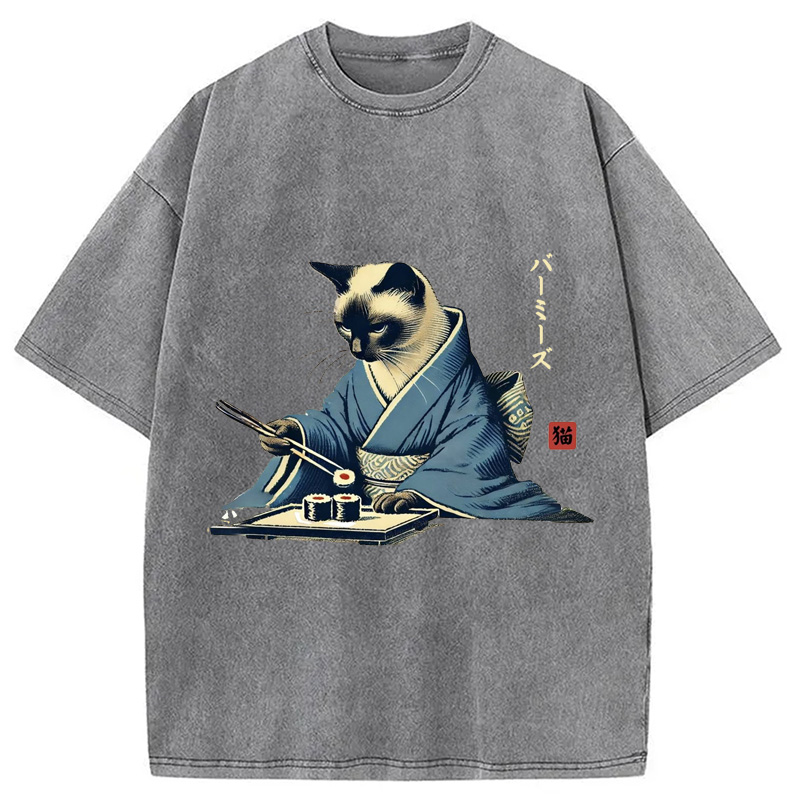 Cat In Kimono Eating Sushi Washed T-Shirt