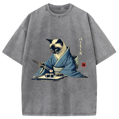 Cat In Kimono Eating Sushi Washed T-Shirt
