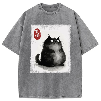 Auspicious Fluffy Black Cat Washed T-Shirt